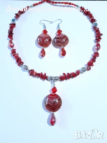 Прекрасен комплект бижута обеци и колие с червени Корали, кристали и ръчно изработени Мурано мъниста, снимка 11 - Бижутерийни комплекти - 42923968