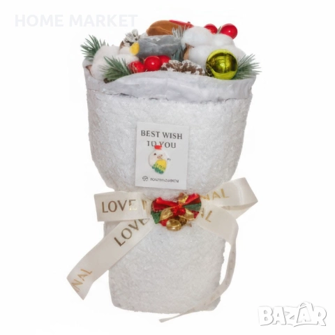 Коледен букет в снежнобяла опаковка с шишарки, 25 см Този великолепен коледен букет 