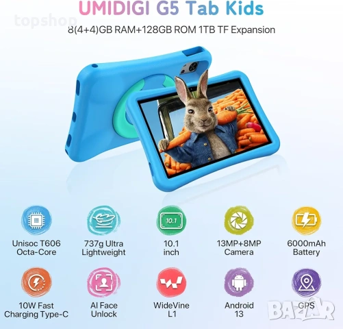 ЧИСТО НОВ ЗАПЕЧАТАН Детски Таблет UMIDIGI G5 Kids – 10.1", 128GB, 8GB RAM, SIM, Родителски Контрол, снимка 5 - Таблети - 54316554