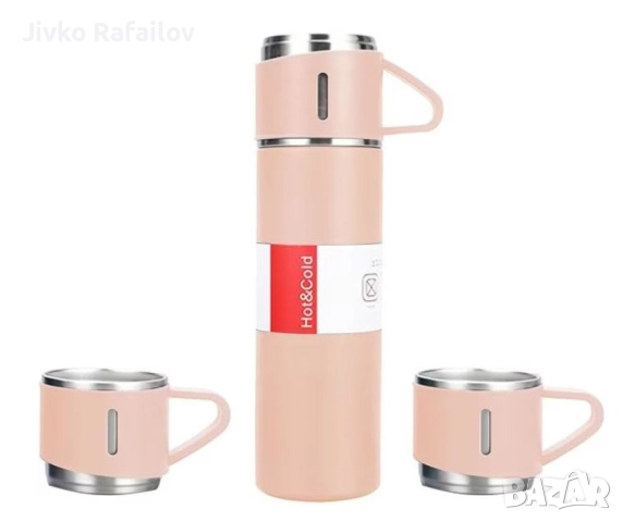 Подаръчен комплект термос с 3 чаши, зелен, розов, сив, снимка 5 - Други - 52803681