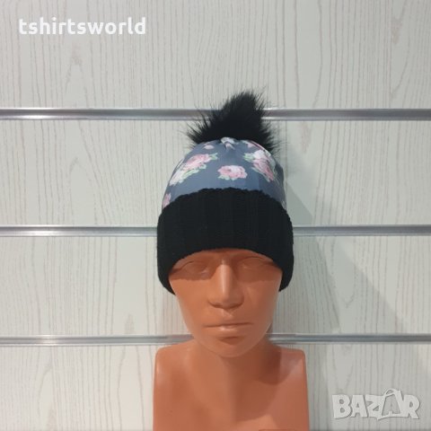 Нова зимна дамска шапка с Рози и пух/помпон, снимка 7 - Шапки - 35502819