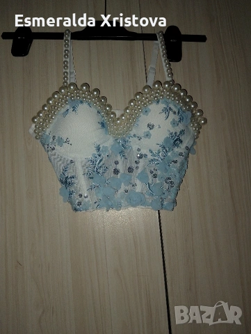 Бюстие в син цвят с перли, снимка 4 - Корсети, бюстиета, топове - 54195284