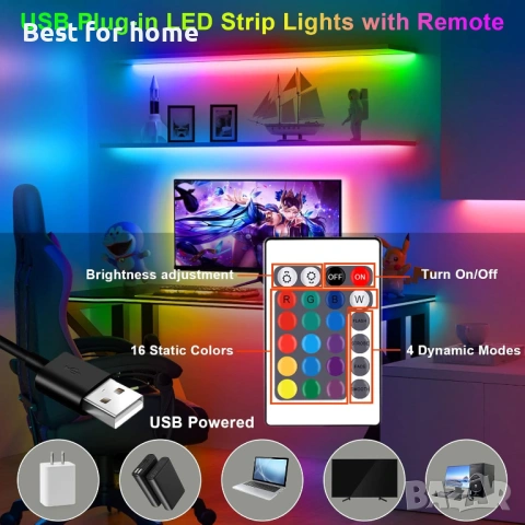 Комплект LED ленти HOUHUI, 2x6.56 фута RGB LED светлинна лента за 40-60 инча телевизор, снимка 3 - Лед осветление - 54194586