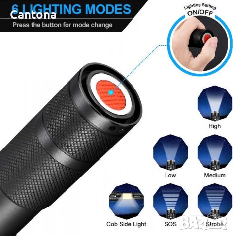 Vockvic LED тактически фенер, 1200 лумена CREE XML LED, 5 режима, прибиращ се COB, водоустойчив, маг, снимка 7 - Оборудване и аксесоари за оръжия - 37577431