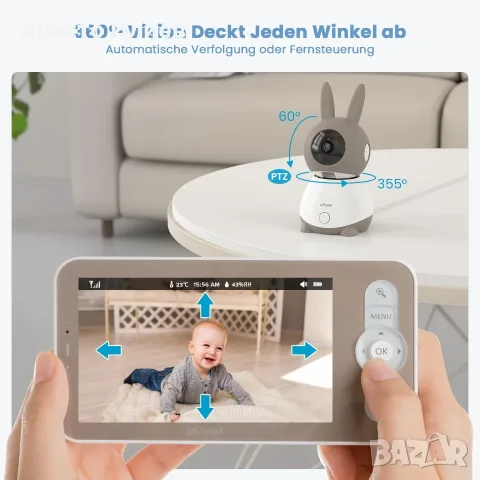 Бебефон с камера и монитор ieGeek 2K 3MP 5-инчов WiFi видео бебефон с PTZ 360 , снимка 6 - Бебефони - 55777080