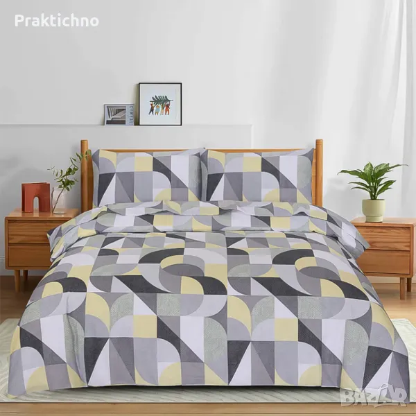 Спален комплект „Kring“ – 4 части, чаршафи 100% памук, 132 TC, геометричен принт, сиво-жълто, снимка 1