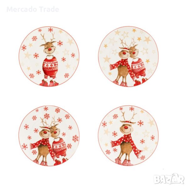  	Коледен комплект Merkado Trade, 4бр.,Чинии за сервиране, Еленчета, 19см., снимка 1