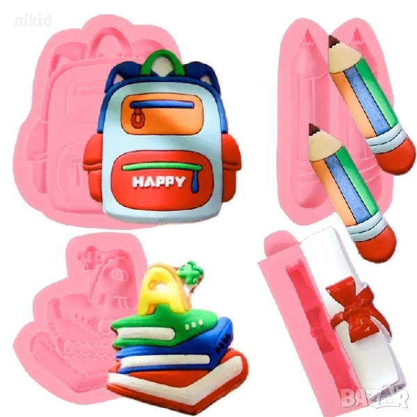 училище раница молив книга книги свитък завършване силиконов молд форма фондан шоколад гипс декор, снимка 1