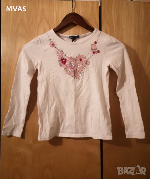 Нова детска бяла блуза с дълъг ръкав с розово 8 9 години 130 см, снимка 1