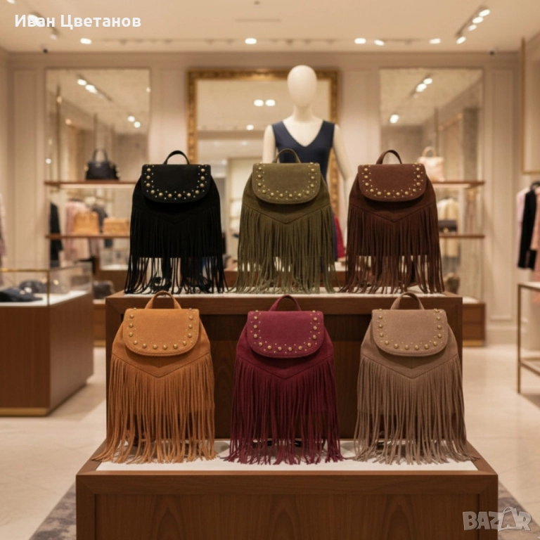 Велурена дамска раница с ресни и метални нитове – бохо стил и практичност, снимка 1