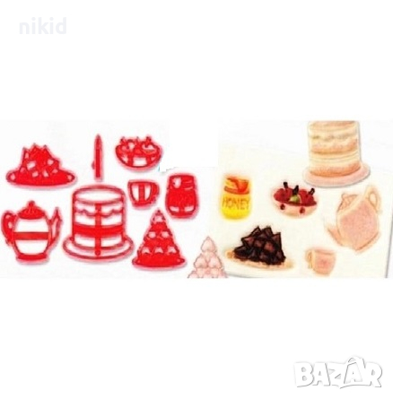 сет торта чаша чайник пластмасови резци резец форма форми украса фондан торта печати, снимка 1
