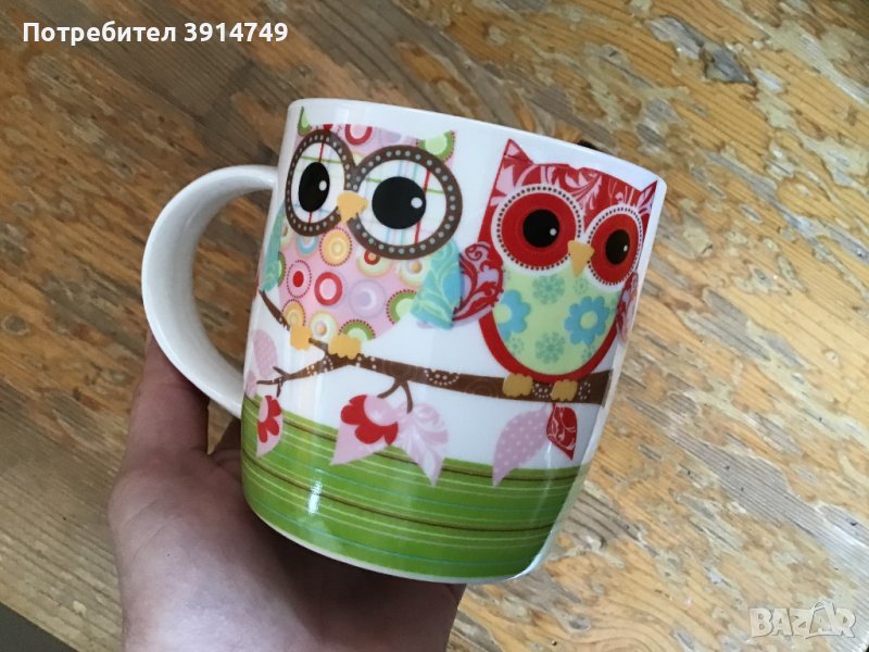 Чаша керамична за кафе, чай с артизански принт на Бухал / Сова, 320 мл, НОВА, снимка 1