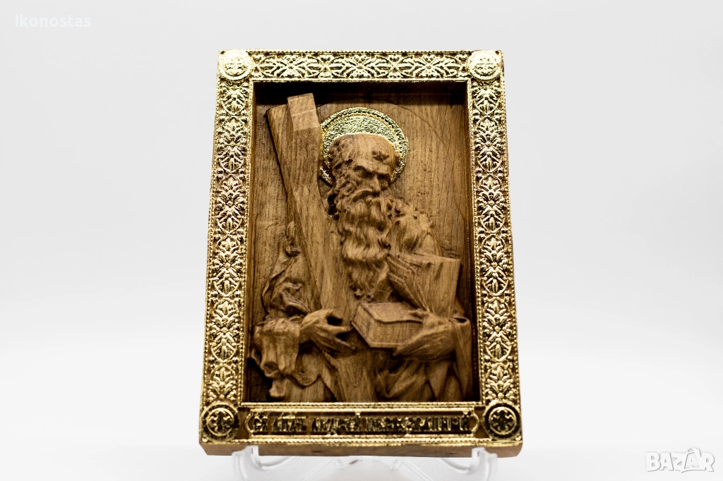 Позлатена релефна икона на Свети Андрей Първозвани от дъб, снимка 1