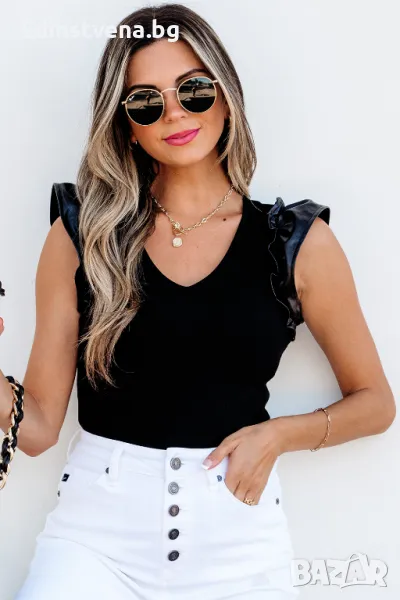 Разпродажба! Дамско елегантно боди в черно с къси кожени ръкави, снимка 1