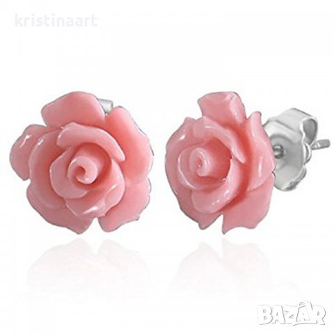 Сребърни обeци c розов корал тип розичка,8мм, снимка 4 - Обеци - 37813689