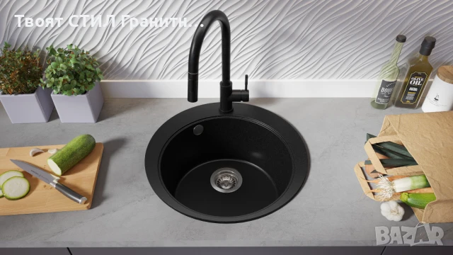 Черна кръгла кухненска мивка от гранит Пиза 45 Top 500 x 500 мм, снимка 7 - Мивки - 50782868