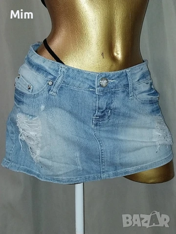 L Светло синя,дънкова, накъсана къса пола с камъчета 