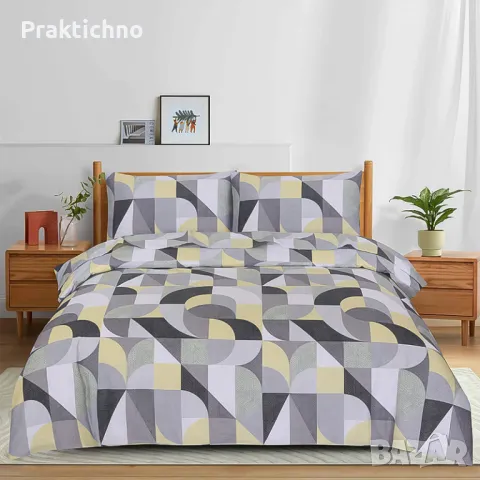Спален комплект „Kring“ – 4 части, чаршафи 100% памук, 132 TC, геометричен принт, сиво-жълто, снимка 1
