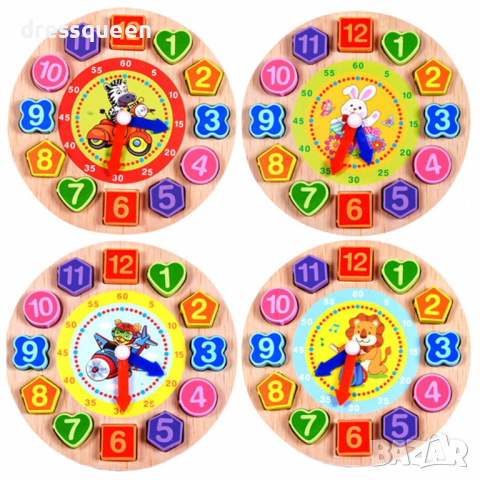 3475 Дървен часовник сортер - Цветове и форми, снимка 5 - Образователни игри - 44612581