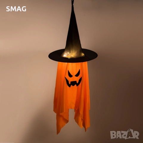 Висяща декорация за Хелоуин / Halloween – дух с тиква и LED, топла бяла, Ø38x100 см_1244357, снимка 3 - Декорация за дома - 52020471