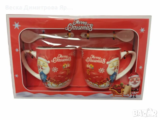 Комплект от 2 керамични чаши с лъжица, коледна тематика, опаковани в подходяща кутия, снимка 2 - Декорация за дома - 47388605
