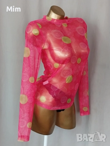 S/M Розова блуза с дълъг ръкав от прозрачен, еластичен ,тюл , снимка 2 - Корсети, бюстиета, топове - 52461714