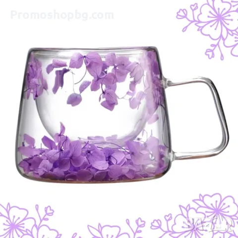 ПРОМОЦИЯ! Двустенна Стъклена чаша със сухи цветя, боросиликатно стъкло, 180 мл, снимка 2 - Чаши - 49090153