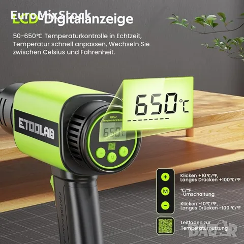 Пистолет за горещ въздух ETOOLAB 2000W темп 50-650°C с LCD дигитален дисплей, снимка 2 - Други инструменти - 55901060