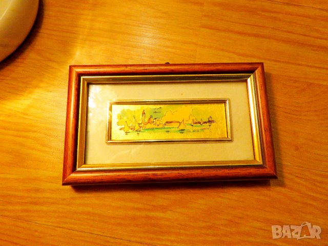 Старинна златна картина рисувана върху златно фолио - морски бряг и лодки -  с маркировка за злато , снимка 1 - Картини - 38503690