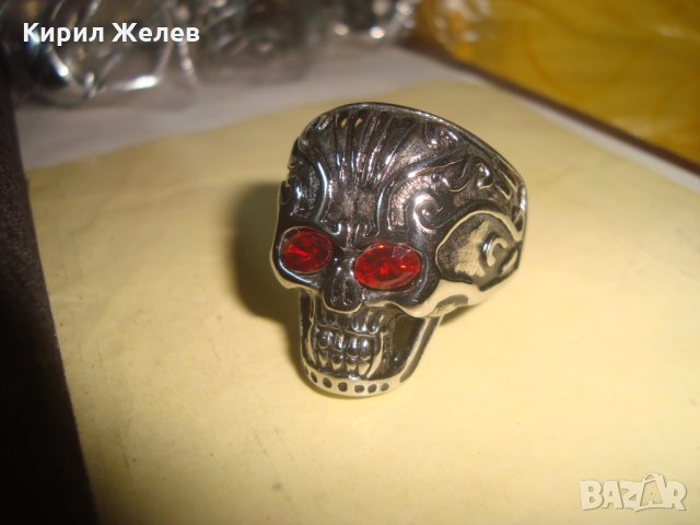 СТОМАНЕН ПИРАТСКИ НЕОГОТИЧЕСКИ ПРЪСТЕН от НЕРЪЖДАЕМА СТОМАНА с 2 ФАСЕТИРАНИ ГРАНАТА 25006, снимка 3 - Пръстени - 34552645