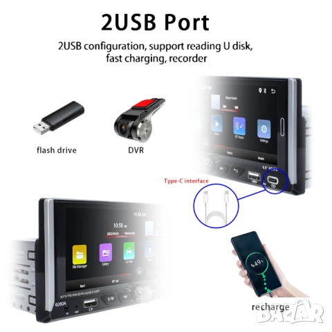 6.86” 1280*480 1-Din мултимедия с Android 13, RDS, RAM 4GB, 32GB ROM , снимка 8 - Аксесоари и консумативи - 45873037