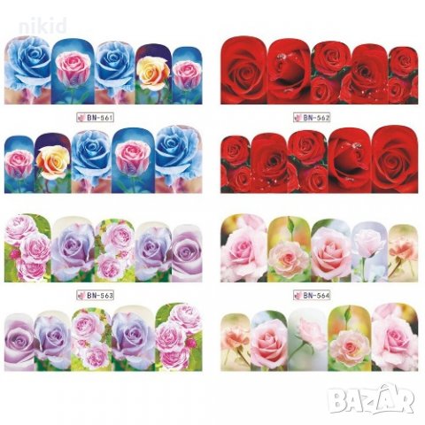 лист 12 в 1 Рози цветя слайдер татос ваденки водни стикери за нокти маникюр, снимка 4 - Продукти за маникюр - 31263402