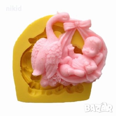Щъркел носещ бебе силиконов молд форма фондан шоколад гипс, снимка 2 - Форми - 36817472
