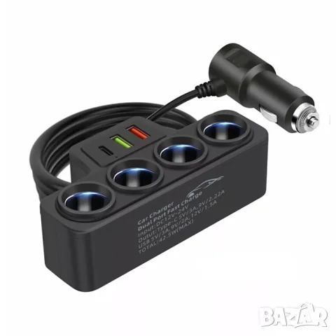 Разклонител за запалка с 4 гнезда 2 USB и Type-C порт