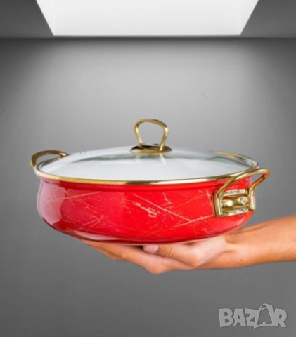 Тенджера Goldmann, Плитка, Емайл, Индукция, Червен/Старо злато, снимка 3 - Съдове за готвене - 52142460