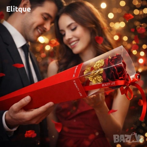 Декоративна роза със златно стъбло в подаръчна кутия, снимка 11 - Декорация за дома - 53074192