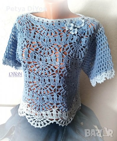 Ръчно плетена блуза на една кука с цветя и мъниста, снимка 1 - Корсети, бюстиета, топове - 30052917