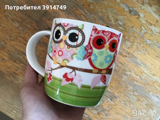 Чаша керамична за кафе, чай с артизански принт на Бухал / Сова, 320 мл, НОВА