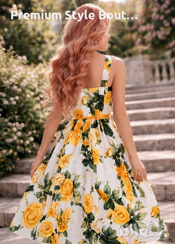 Дамска миди рокля с жълти рози D&G – ретро елегантен флорален модел, снимка 6 - Рокли - 54003815