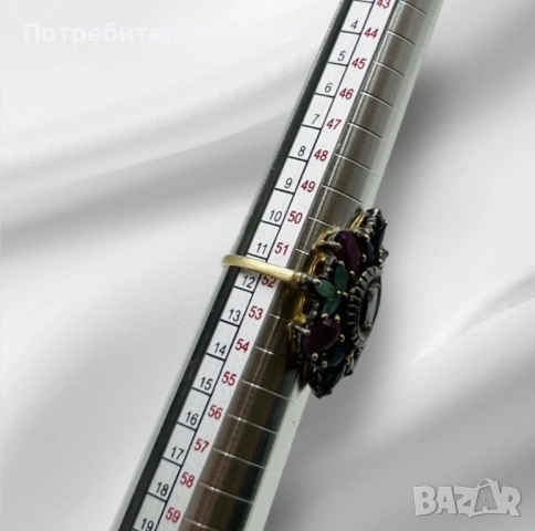 Уникален винтидж пръстен със златен ринг, сребърна основа и естествени скъпоценни камъни, снимка 5 - Пръстени - 53266291