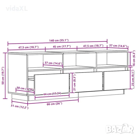 vidaXL ТВ шкаф, бял, 140x37x50 см, бор масив, снимка 9 - Шкафове - 56148012