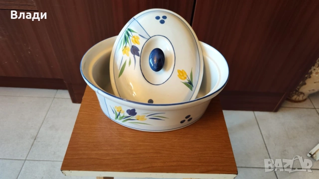 Нов порцеланов овален гювеч с капак и метална поставка, снимка 6 - Съдове за готвене - 53145868