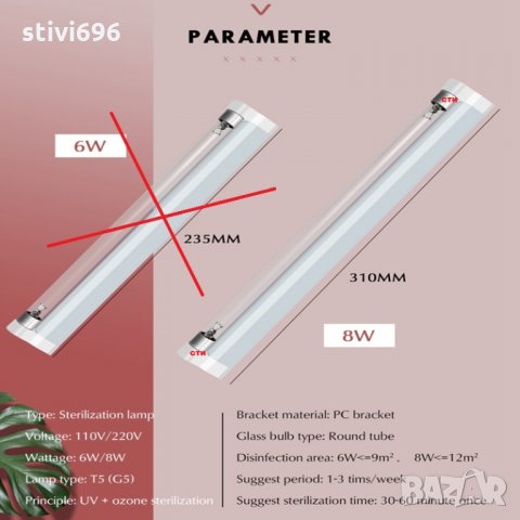 Бактерицидна, антибактериална, кварцова UV +OZONE лампа 8W за дезинфекция. НОВО, снимка 5 - Други - 31748218