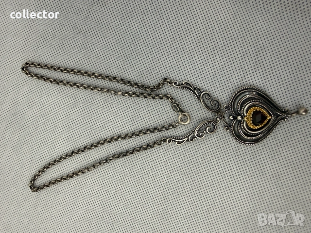 Сребърно колие с гранат и позлата - Ар Деко. №7774, снимка 8 - Колиета, медальони, синджири - 52847565