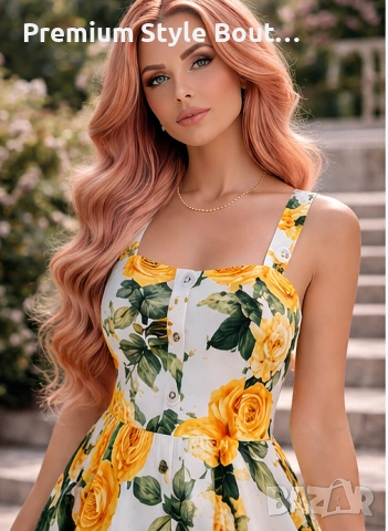 Дамска миди рокля с жълти рози D&G – ретро елегантен флорален модел, снимка 4 - Рокли - 54003815