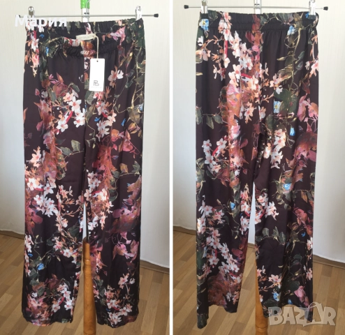 С размер Нов Италиански Дамски Летен Панталон New Collection Pink Широк Флорален Черен Цветен Шарен, снимка 2 - Панталони - 51823643