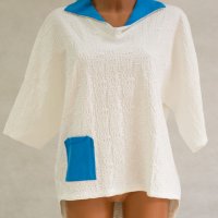 Дамска бяла блуза с контрастни елементи в синьо Margo Collection - 4XL, снимка 1 - Блузи с дълъг ръкав и пуловери - 42637497