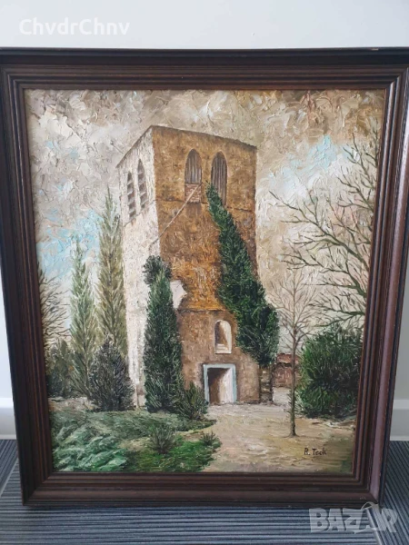 Teck 69х59см/стара картина масло върху платно/пейзаж-кула-градина/дървена рамка, снимка 1