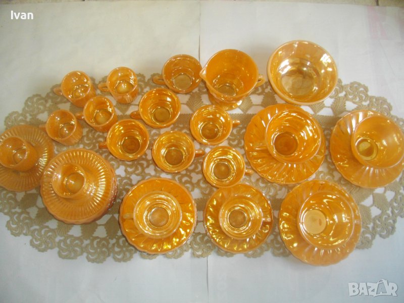 37 Части Нов Сервиз Кафе Чай Made in USA FIRE KING ANCHOR HOCKIN  Винтидж Цвят Праскова/Сьомга-1940г, снимка 1