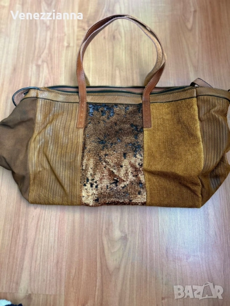 Дамска чанта в кафяв цвят от кожа,велур и текстил, снимка 1